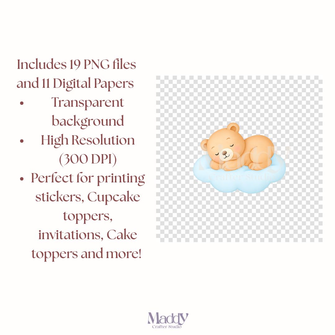 Baby Osito Viajero Clipart Bundle | 19 PNG + 11 Papeles Digitales | 300 DPI