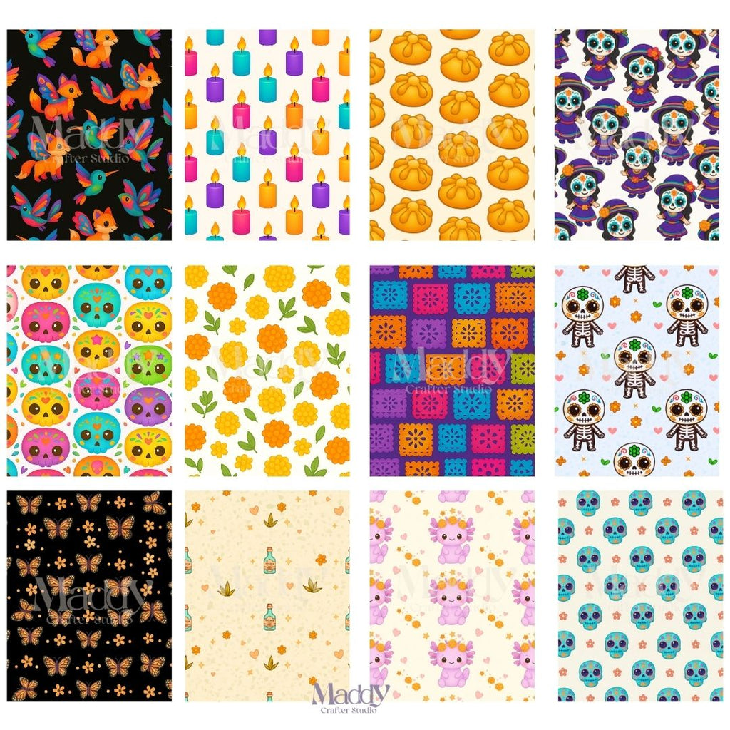 Bundle Día de Muertos Kawaii | 74 Cliparts PNG + 12 Papeles Digitales