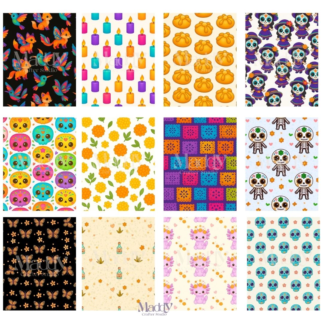 Bundle Día de Muertos Kawaii | 74 Cliparts PNG + 12 Papeles Digitales