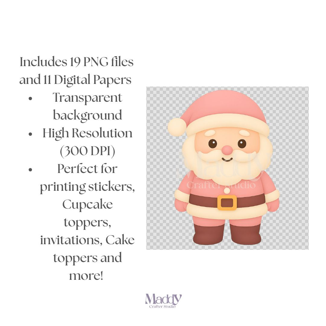 Pink Christmas Clipart Bundle | 13 PNG + 6 Digital Papers | Pastel Feminine Holiday Instant Download