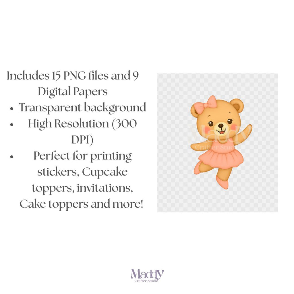 Teddy Bear Dreams Girl Clipart Bundle | 15 PNG + 9 Digital Papers | Baby Shower Instant Download