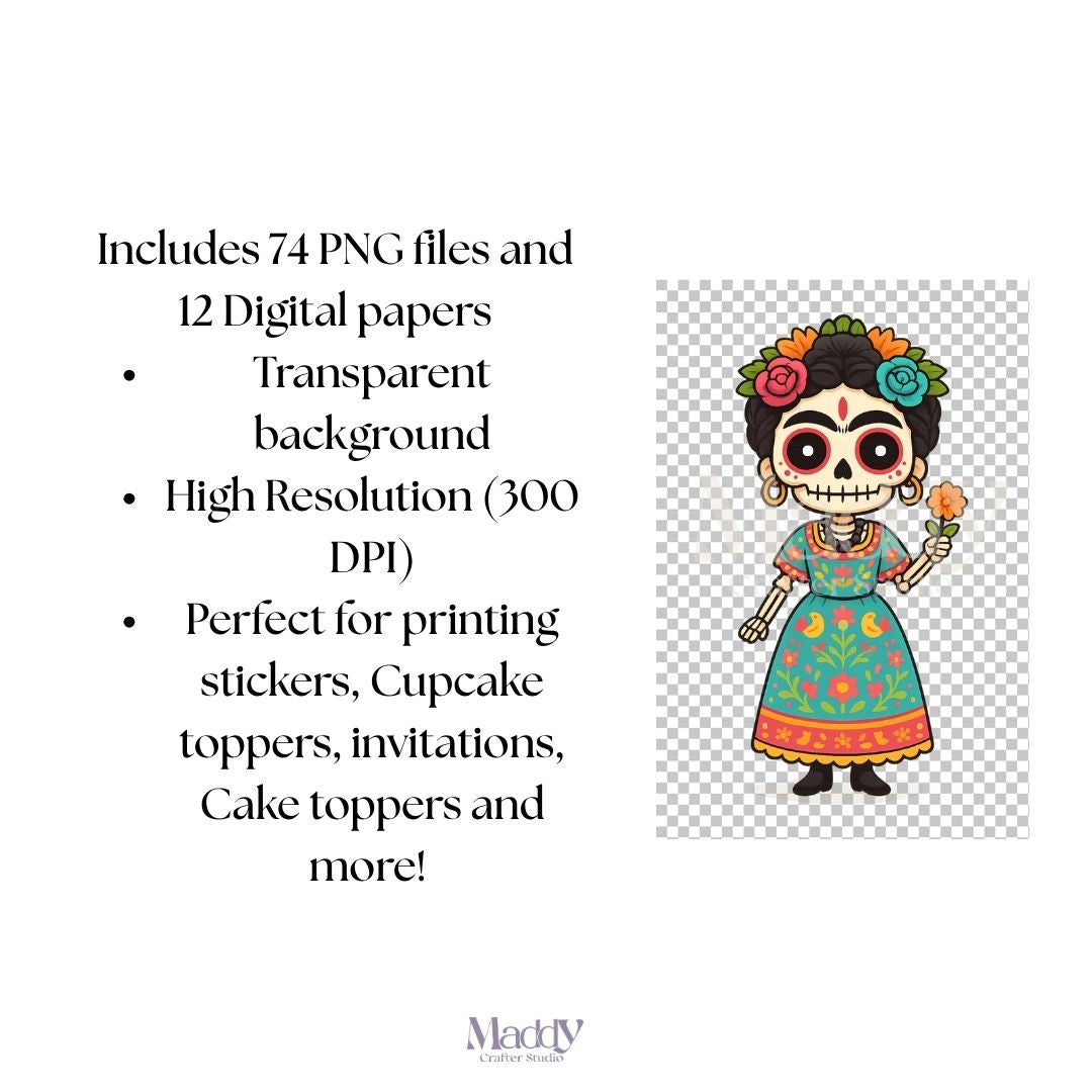 Bundle Día de Muertos Kawaii | 74 Cliparts PNG + 12 Papeles Digitales