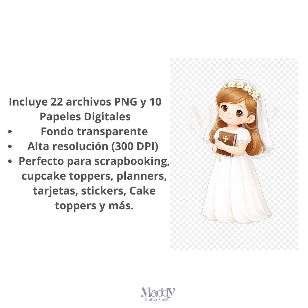 First Communion Girl Clipart Bundle | 22 PNG + 10 Digital Papers | Religious Catholic Instant Download