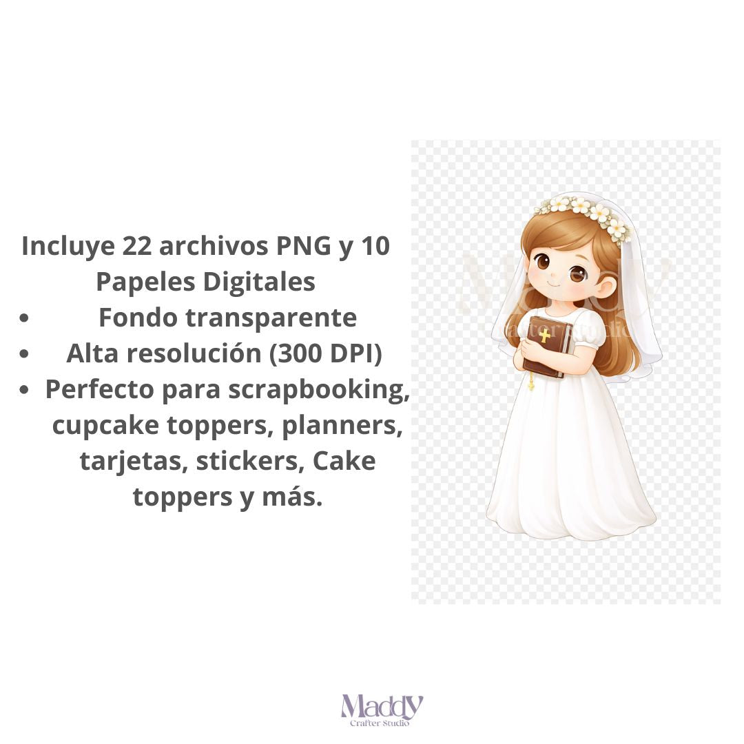 First Communion Girl Clipart Bundle | 22 PNG + 10 Digital Papers | Religious Catholic Instant Download