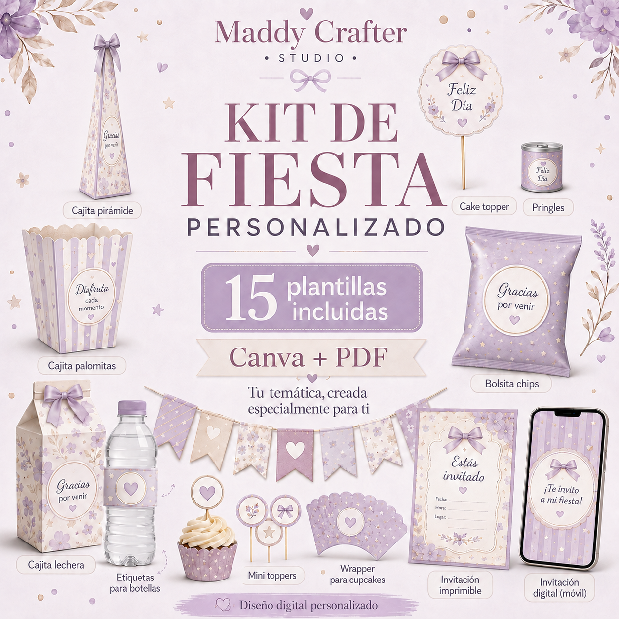 Kit de fiesta personalizado – Canva + PDF