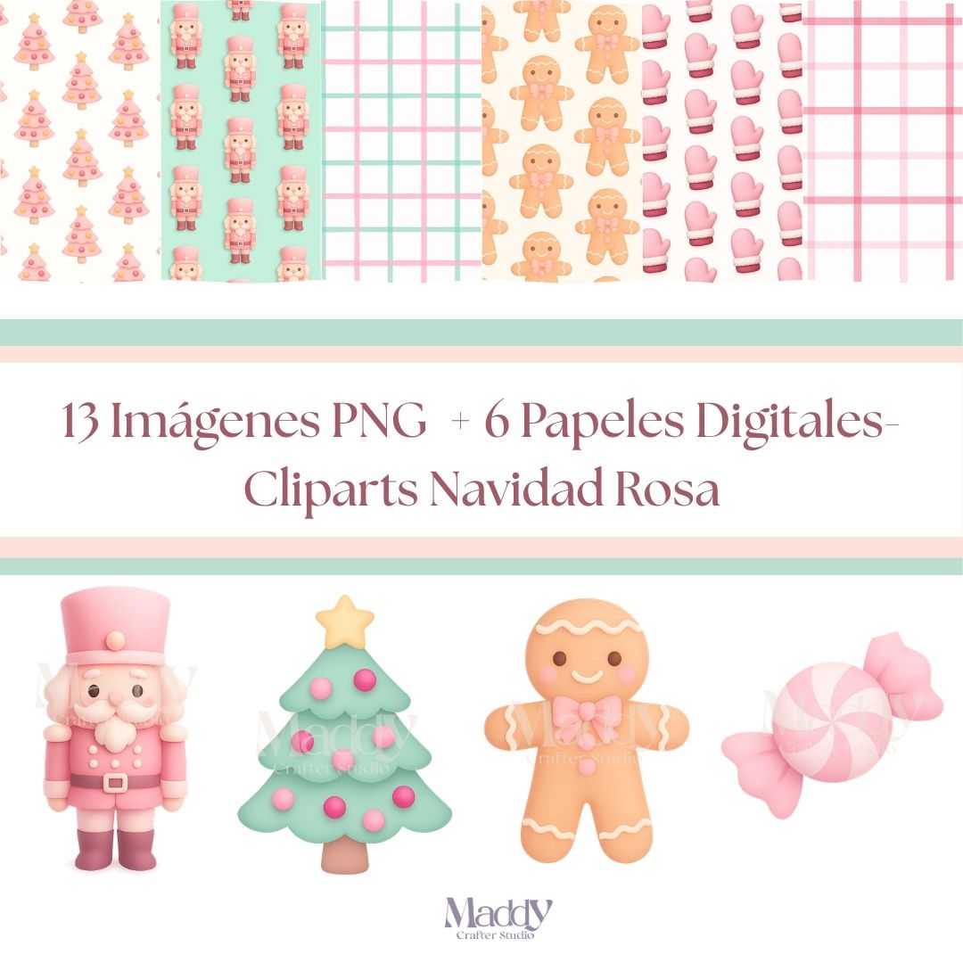 Pink Christmas Clipart Bundle | 13 PNG + 6 Digital Papers | Pastel Feminine Holiday Instant Download