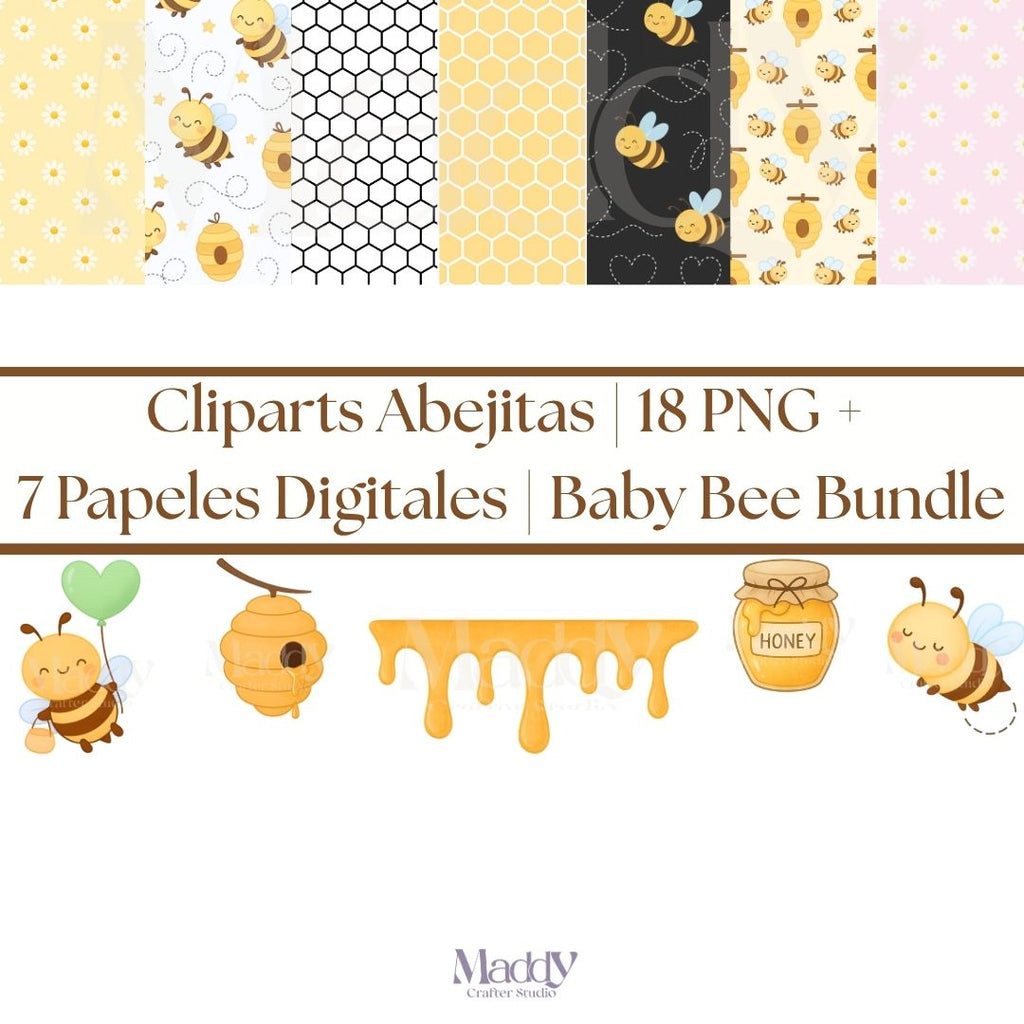 Baby Bee Clipart Bundle | 18 PNG + 7 Digital Papers | Instant Download, Transparent Background