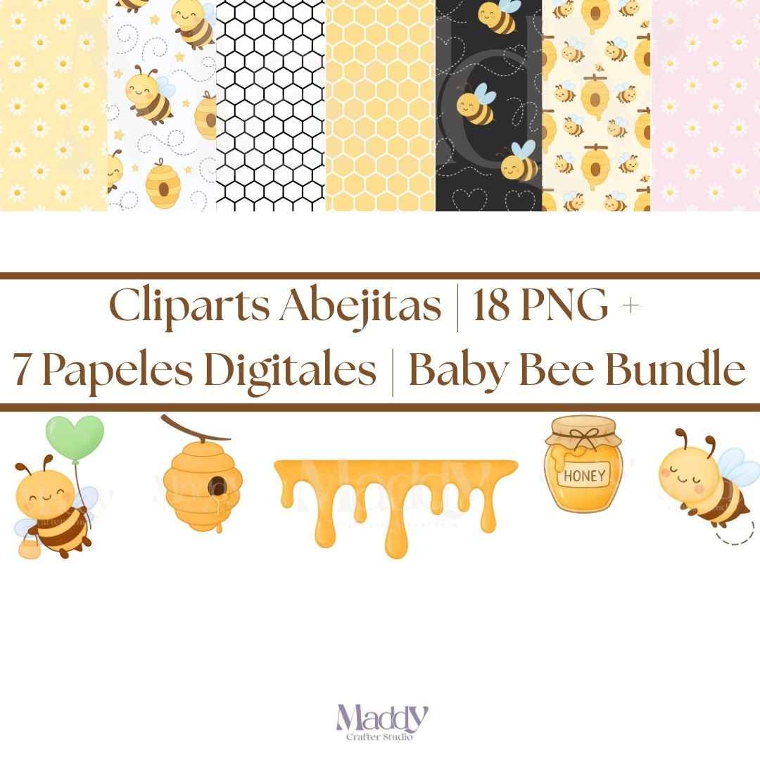 Cliparts Abejitas | 18 PNG + 7 Papeles Digitales | Baby Bee Bundle